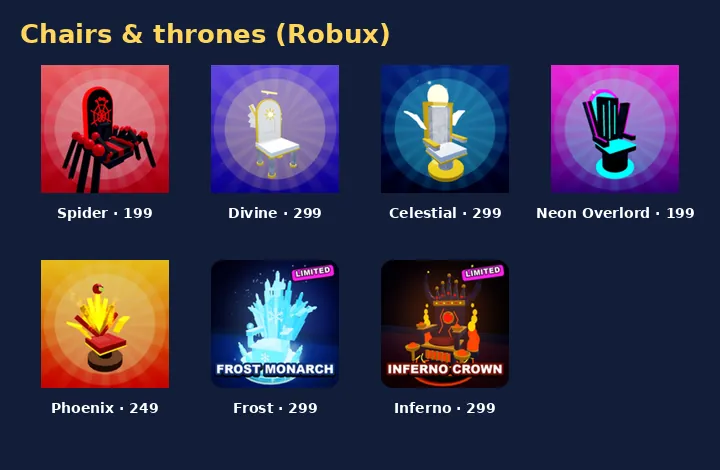 Icons of seven Robux chairs including Spider Chair, Divine Chair and Celestial Throne