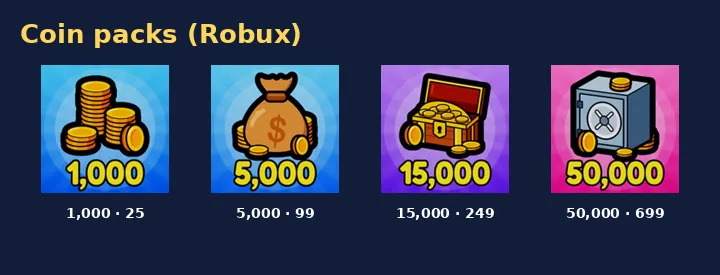 Store icons of the four coin packs from 1,000 to 50,000 coins