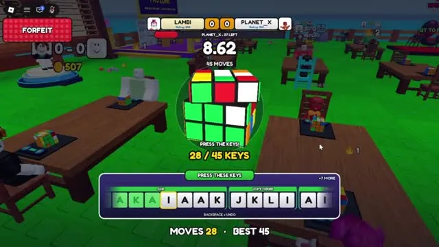 Mid-match cube at 8.62 seconds with 28 of 45 keys typed