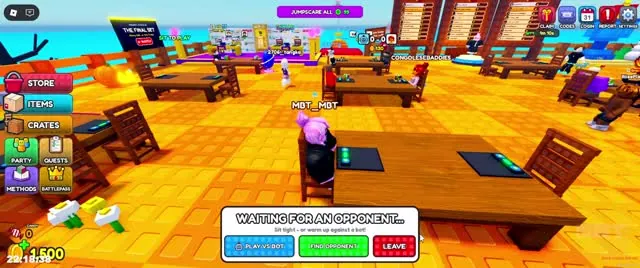 Halloween-themed lobby with tables and spooky decorations