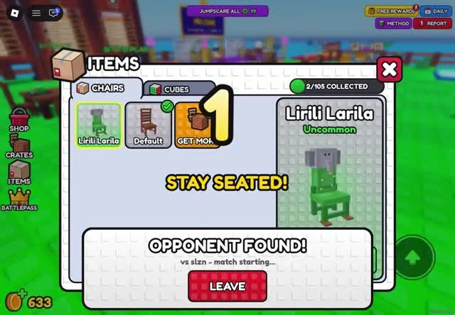 Items window showing collected chairs while a match is found