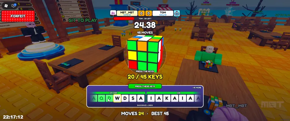 Solve The Cube key bar reading W D S A I A K A I A with a 20 / 45 keys counter under a half-solved cube