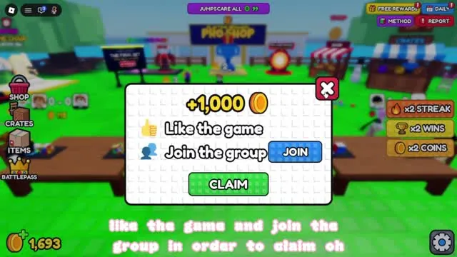 Pop-up offering +1,000 coins for liking the game and joining the group, with a Claim button