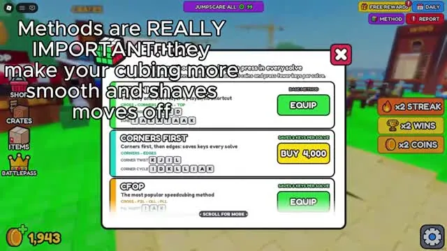 Methods menu listing Corners First for 4,000 coins and CFOP, each with its key sequences
