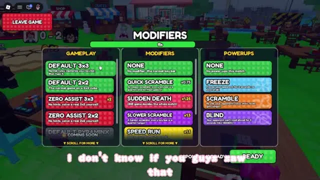 Modifiers screen with Gameplay modes (Default 3x3, 2x2, Zero Assist), modifiers (Quick Scramble, Sudden Death, Slower Scramble, Speedrun) and powerups (Freeze, Scramble, Blind)