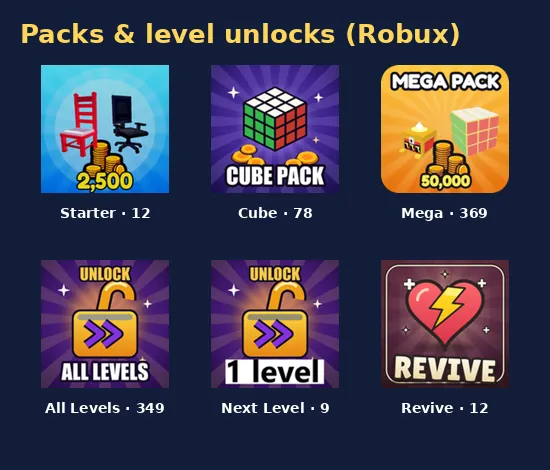 Icons of the Starter, Cube and Mega packs, level unlocks and Revive