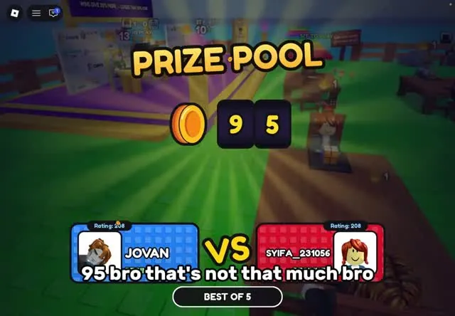Prize pool screen showing 95 coins for a best-of-5 match between two players