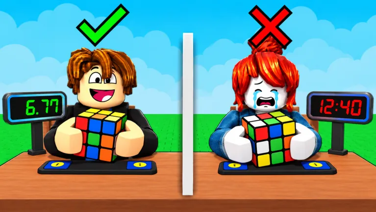 Split-screen thumbnail with a winning player at 6.77 seconds and a losing player at 12:40
