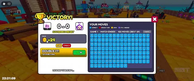 Victory screen with coins earned, a Double It! button and a Your Moves grid