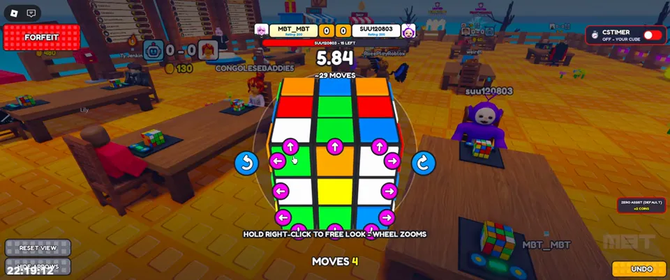 Zero Assist solve in progress: a multicoloured cube with rotation arrows, a 5.84 second timer and Moves 4